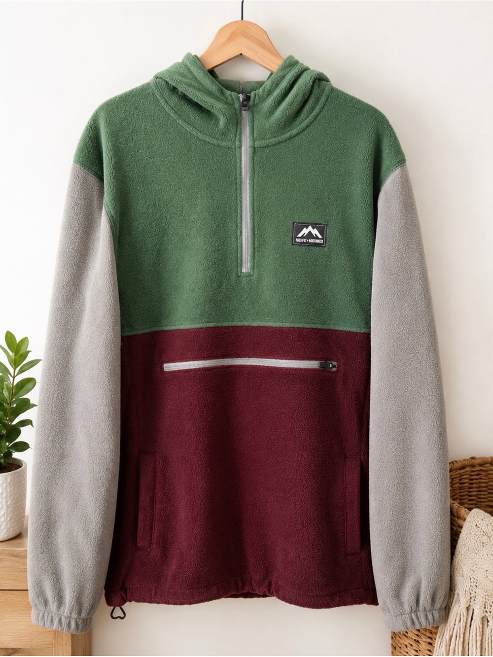 Men's Colorblock Half-Zip Fleece Hoodie - Green/Grey/Burgundy size large